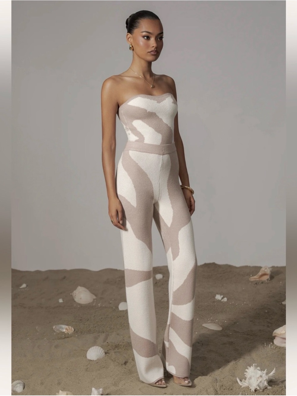 JLUXLABEL Beige & Cream Knit Wide-Leg Pants with Matching Crop Top